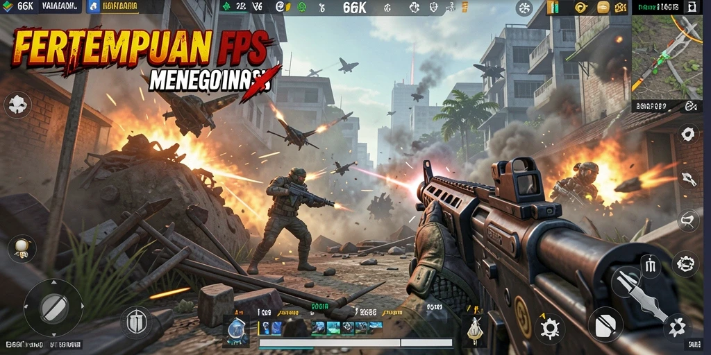 Screenshot menampilkan aksi intens dalam game FPS 66K.