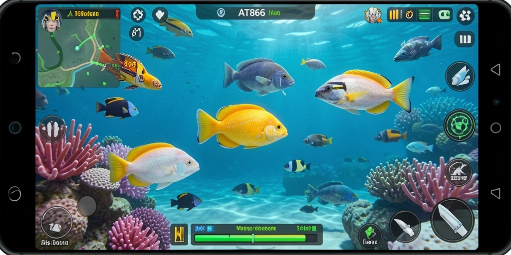 Screenshot permainan AT866 dengan aksi menembak ikan yang mendebarkan.