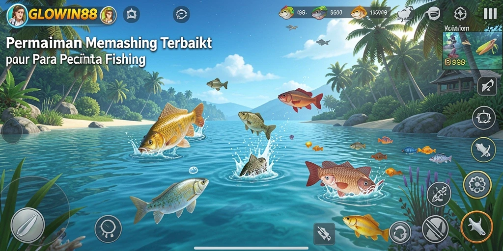 Tampilan gameplay GLOWIN88 yang menggembirakan saat memancing ikan.