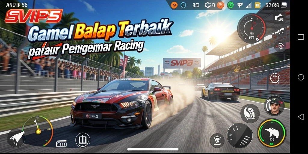 Tampilan gameplay SVIP5 yang menegangkan dengan mobil balap yang beraksi.