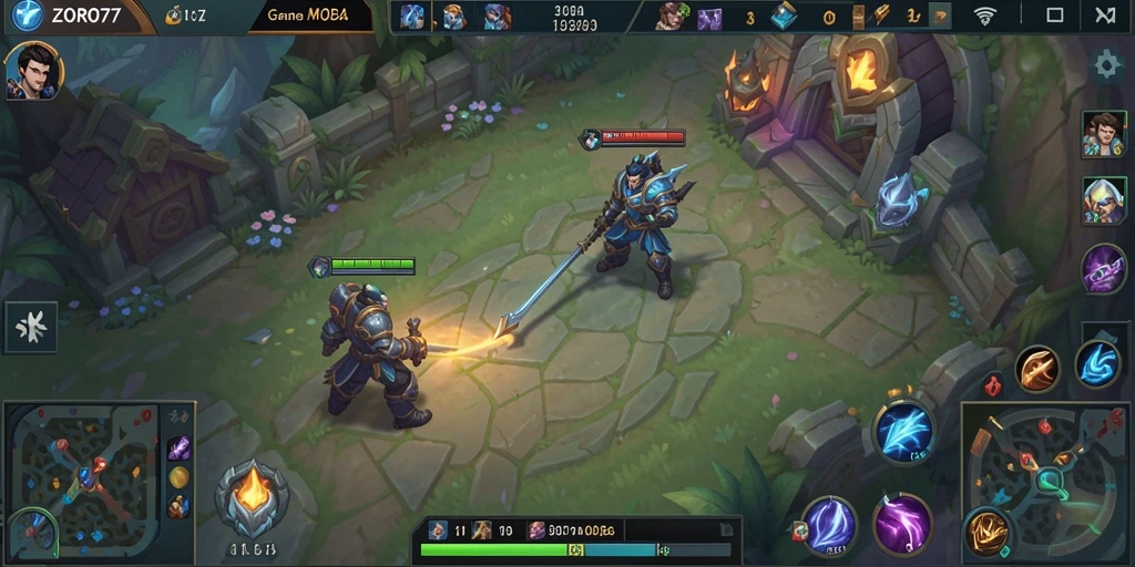 Screenshot utama ZORO77 menampilkan aksi gameplay MOBA yang seru.